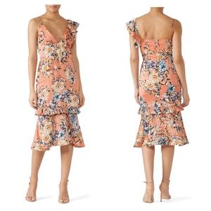 VONE Yuli Floral Printed Midi Dress Fairy Wedding Guest Peach Ruffles Size 4